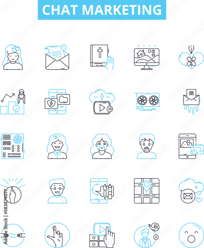 Chat marketing vector line icons set. Chat, Marketing, Automation, Engagement, Social, Strategy, Chatbot illustration outline concept symbols and signs Chat marketing vector line icons set. Chat, Marketing, Automation, Engagement, Social, Strategy, Chatbot illustration outline concept symbols and signs