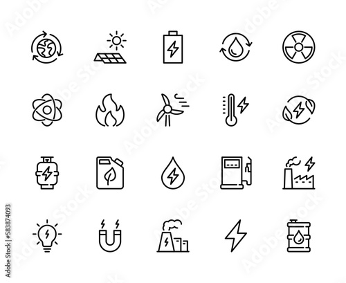 Types of energy vector line icons. Isolated icon collection on white background. Energy symbol vector set.