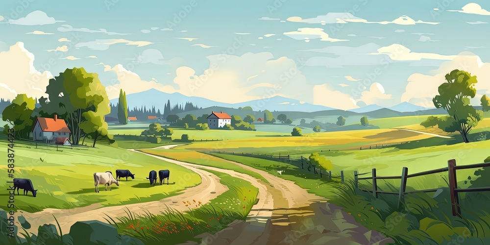 The pastoral view features grassy fields, farms, and grazing livestock in the countryside, Generative AI - obrazy, fototapety, plakaty 