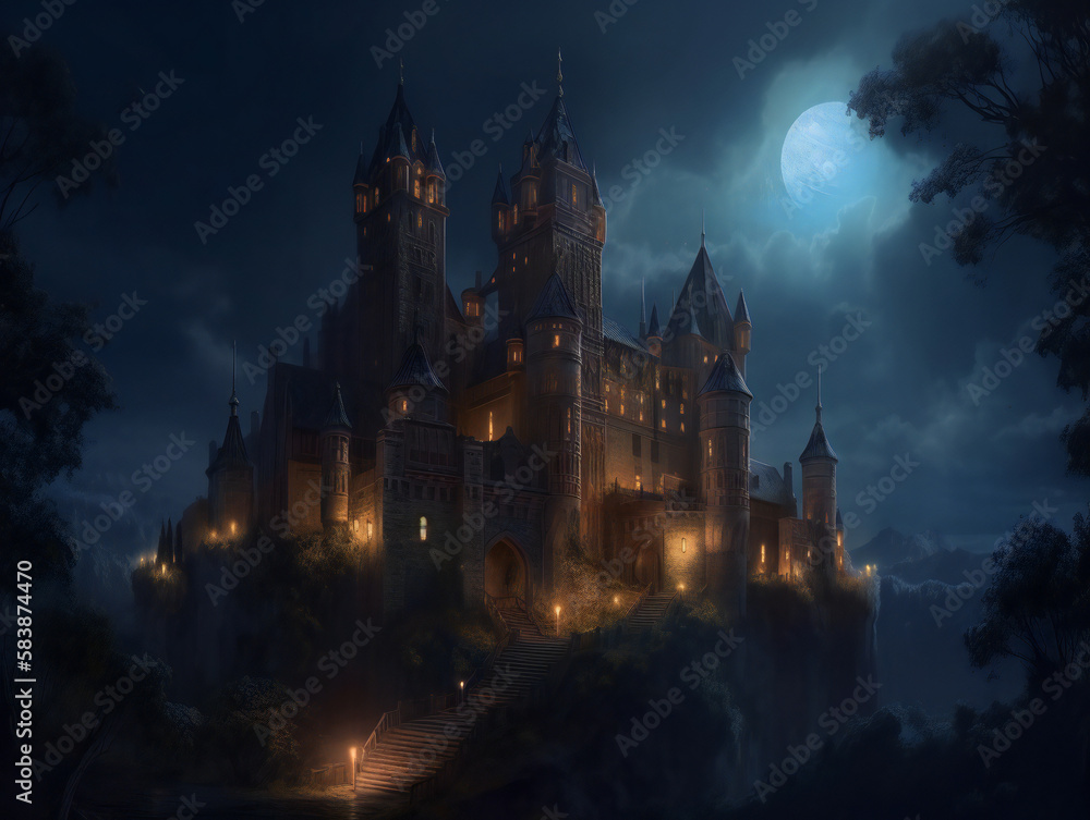 illuminated castle at night, enchanting atmosphere, high-quality artwork, generative AI
