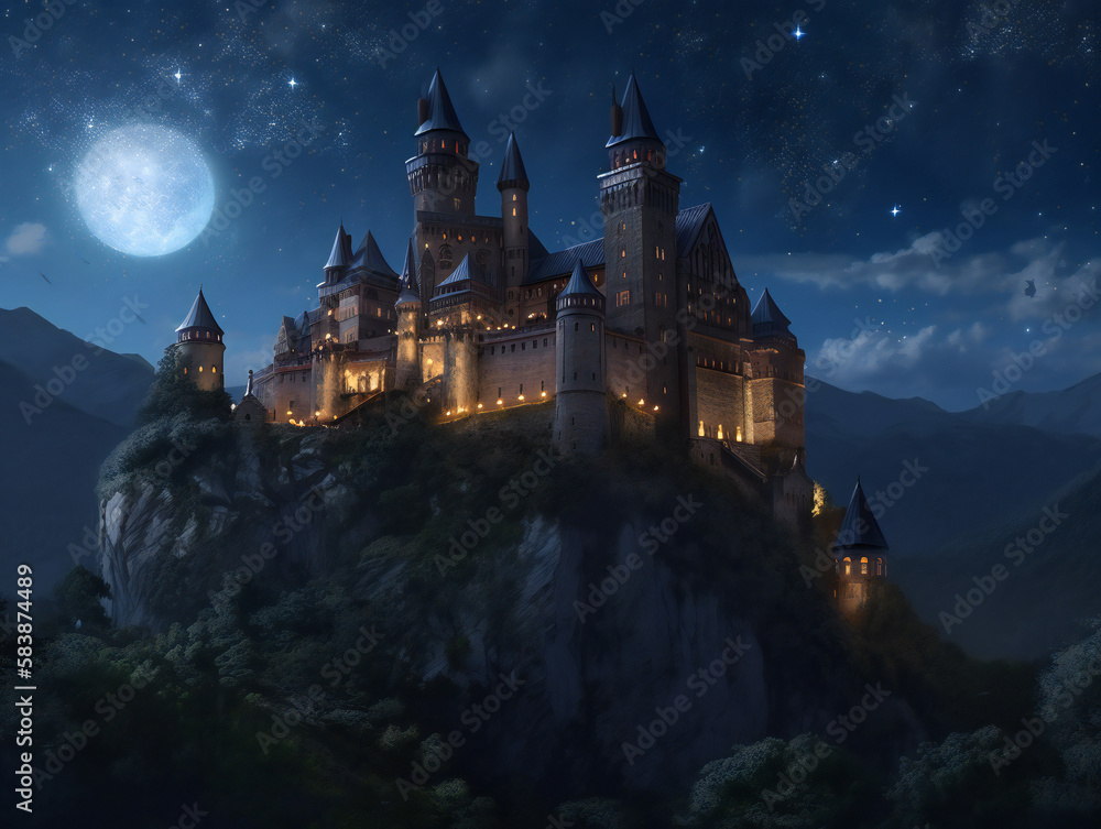 moonlit castle, captivating night scenery, majestic medieval structure, generative AI
