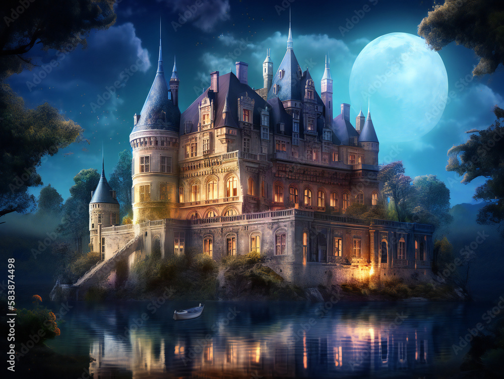 magical castle under starry night sky, fantasy landscape, stunning illustration, generative AI

