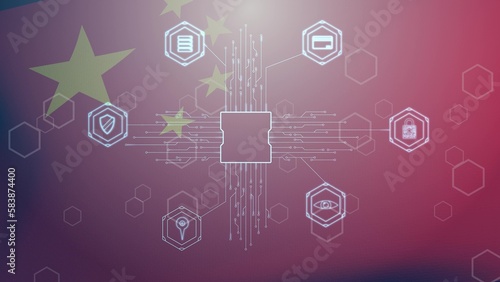 Canvas Print Computer graphics schematic microchip of artificial intelligence with icons symbolizing vital activity