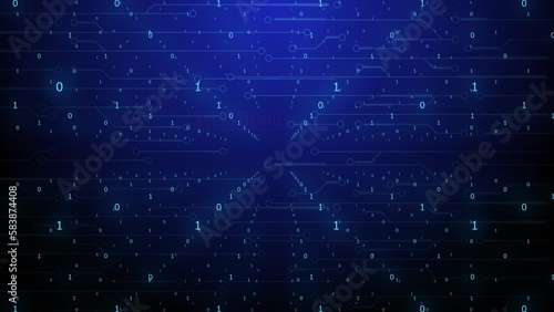 Computer graphics warning labels in red on a black background of an infinity of zeros and ones move forward. Digitalization of human life
