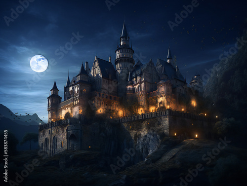 serene nighttime castle  breathtaking fantasy illustration  dreamy medieval scene  generative AI 