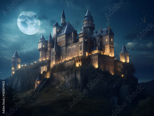 Wallpaper Mural serene nighttime castle, breathtaking fantasy illustration, dreamy medieval scene, generative AI
 Torontodigital.ca
