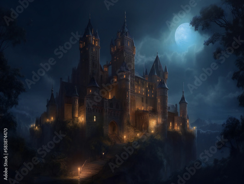 illuminated castle at night, enchanting atmosphere, high-quality artwork, generative AI 