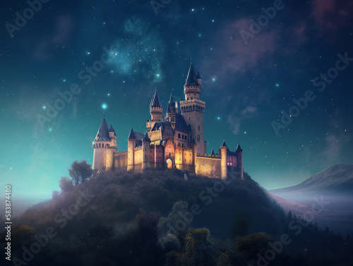 moonlit castle, captivating night scenery, majestic medieval structure, generative AI 