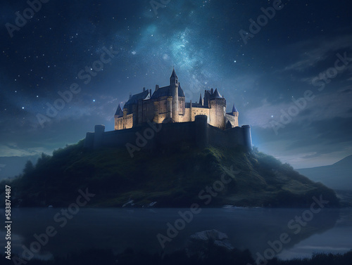 moonlit castle, captivating night scenery, majestic medieval structure, generative AI
