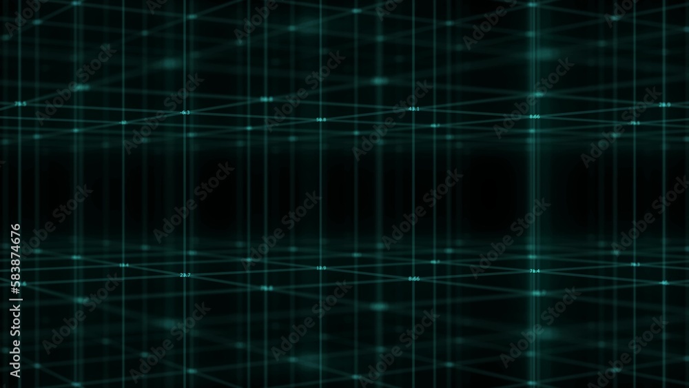 A threedimensional Coordinate System with running numbers at the points of intersection with a neon network moves on a dark background. Computer graphics background footage. Crystal cell A threedimensional Coordinate System with running numbers at the points of intersection with a neon network moves on a dark background. Computer graphics background footage. Crystal cell