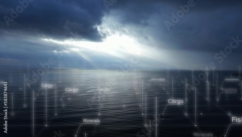 Computer graphics chain of possible uses of the oceans against the background of its surface. Transportation of goods. Fishing. Mining