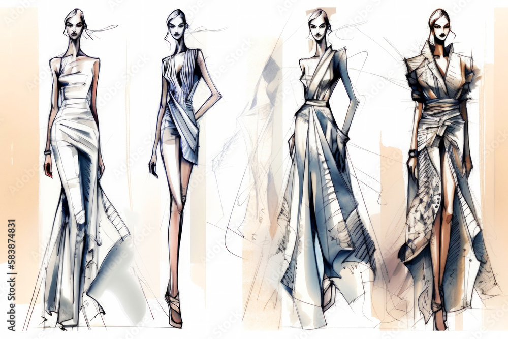Fashion Book, blending ink pen sketches & watercolor, revealing dress design concepts. Dive into style, patterns, & haute couture with vivid illustrations & designer insights. Generative AI