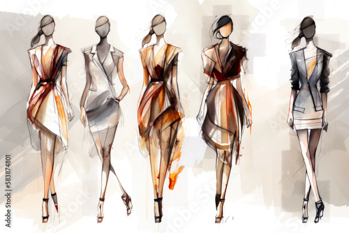 Fashion Book, blending ink pen sketches & watercolor, revealing dress design concepts. Dive into style, patterns, & haute couture with vivid illustrations & designer insights. Generative AI