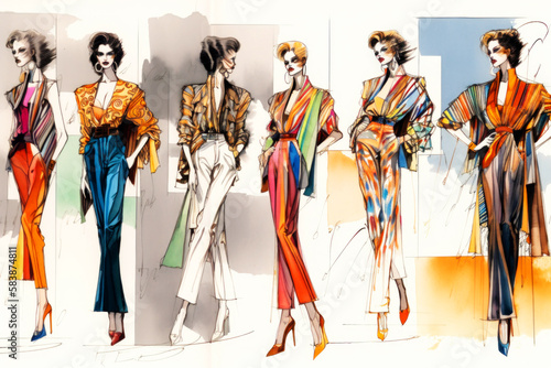 Fashion Book, blending ink pen sketches & watercolor, revealing 80's dress design concepts. Dive into style, patterns, & haute couture with vivid illustrations & designer insights. Generative AI