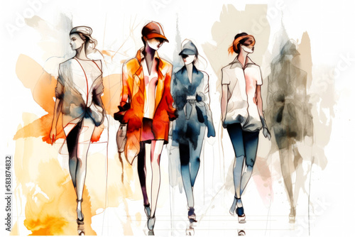 Fashion Book, blending ink pen sketches & watercolor, revealing dress design concepts. Dive into style, patterns, & haute couture with vivid illustrations & designer insights. Generative AI