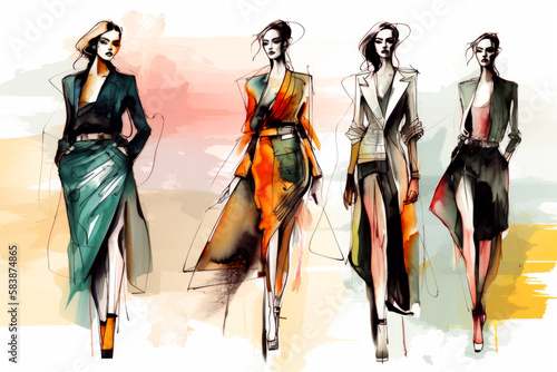 Fashion Book, blending ink pen sketches & watercolor, revealing dress design concepts. Dive into style, patterns, & haute couture with vivid illustrations & designer insights. Generative AI