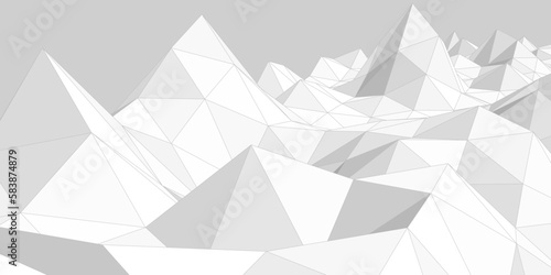 Abstract light gray mountainous landscape background, 3d mesh, low poly modeling, white crystals, vector design