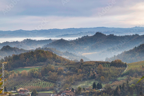 Hills and vineyards of the Langhe, UNESCO World Heritage Site, on an autumn day, Alba, Langhe, Cuneo district, Piedmont