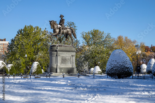 George Washington Statue in Boston's Public Garden in Winter snow, Boston, Massachusetts, New England photo