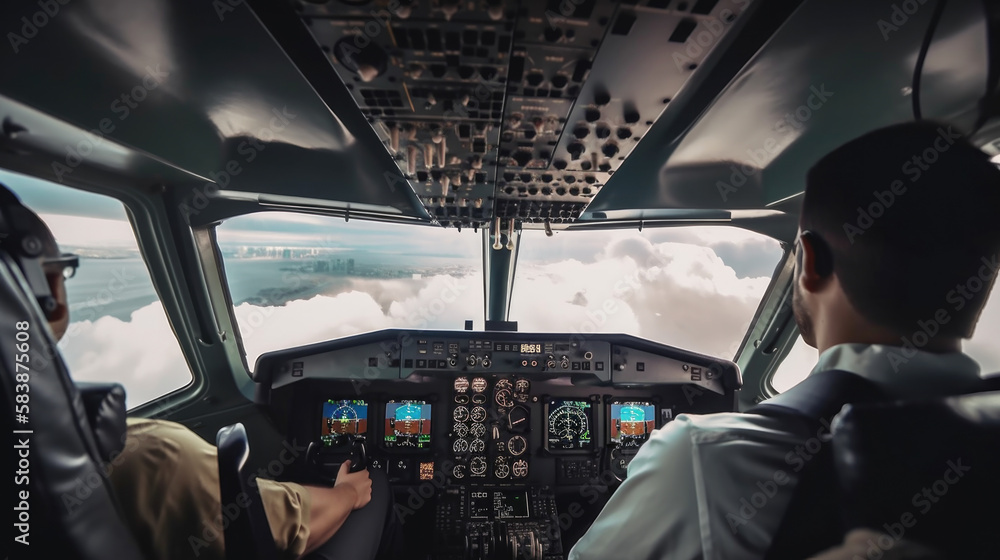 Generative AI illustration of a rear view of a cockpit of an airplane flying the aircraft with pilot and copilot , through the windows of the cloudy sky
