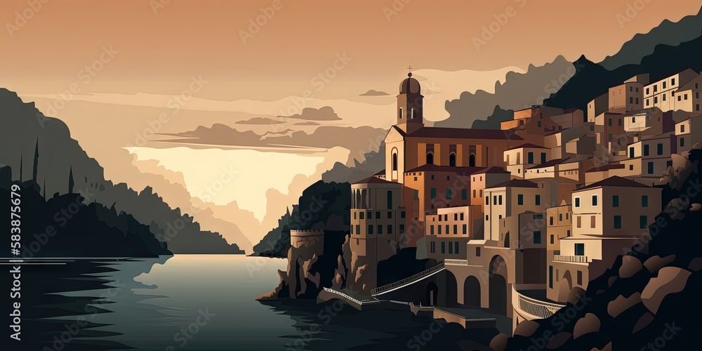 The well-known Amalfi Coast in Italy boasts a beautiful landscape with the town of Atrani, Generative AI