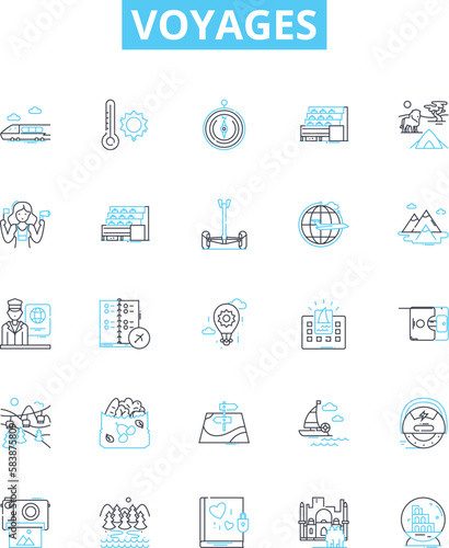 Voyages vector line icons set. Tours, Trips, Cruises, Journeys, Tours, Excursions, Adventures illustration outline concept symbols and signs