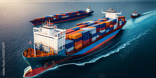 Logistics and transportation of International Container Cargo ship in the ocean at twilight sky, Freight Transportation, Shipping. Generative Ai.