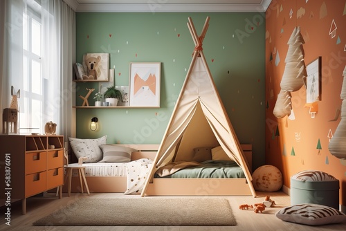Children room scandinavian style 3D rendering. generative AI digital illustration. © EZPS