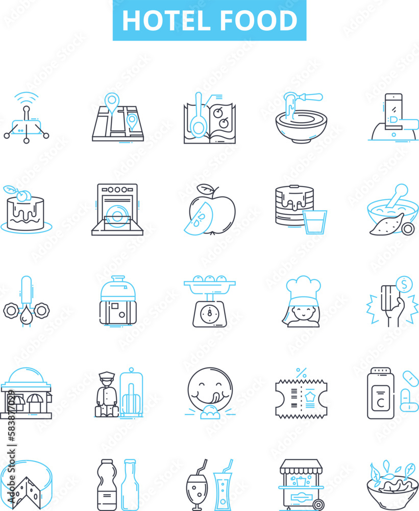 Hotel food vector line icons set. Hotel, Food, Cuisine, Menu, Dining, Restaurant, Buffet illustration outline concept symbols and signs