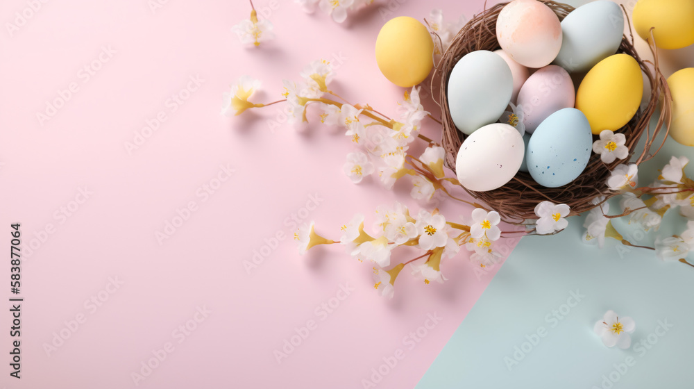 Pink and blue colored easter holiday background. Generative AI