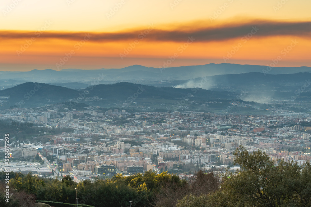 Overview of the city of Braga Portugal, during a beautiful Sunset.