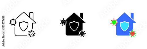 An icon of a house with a virus symbol, representing the concept of a virus affecting a household or a home-based work environment. Vector set of icons in line, black and colorful styles isolated.