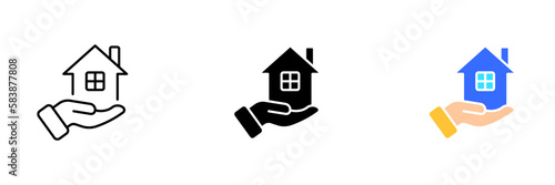 An illustration of a house on a hand, representing the concept of homeownership, real estate, and property investment. Vector set of icons in line, black and colorful styles isolated.