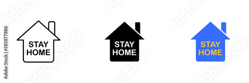 An illustration of a house with the words Stay Home written below it, representing the concept of staying at home for safety. Vector set of icons in line, black and colorful styles isolated.