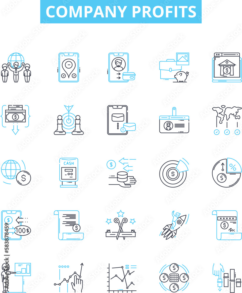 Company profits vector line icons set. Profit, Revenue, Gains, Benefit, Windfall, Surplus, Remuneration illustration outline concept symbols and signs Company profits vector line icons set. Profit, Revenue, Gains, Benefit, Windfall, Surplus, Remuneration illustration outline concept symbols and signs