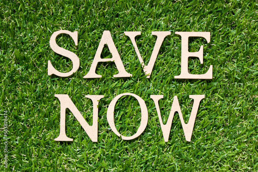 Wood alphabet letter in word save now on artificial green grass background Wood alphabet letter in word save now on artificial green grass background