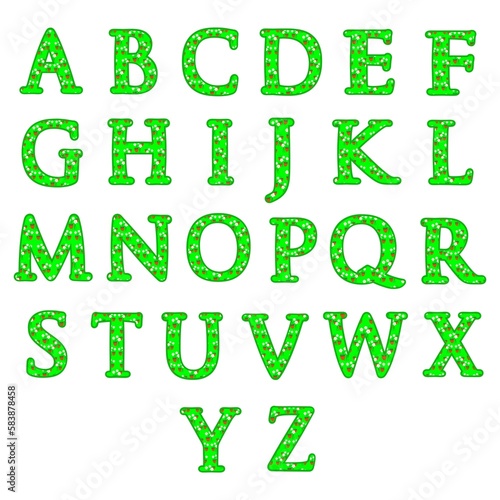 funny alphabet. abc for children. English. strawberry glade. bright isolated green letters with white flowers and red berries.