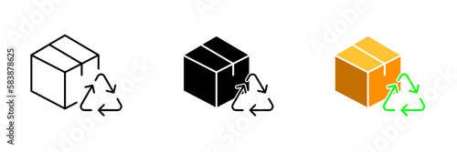 An illustration of a box with a recycling icon, representing the concept of proper waste management and environmental responsibility. Vector set of icons in line, black and colorful styles isolated.