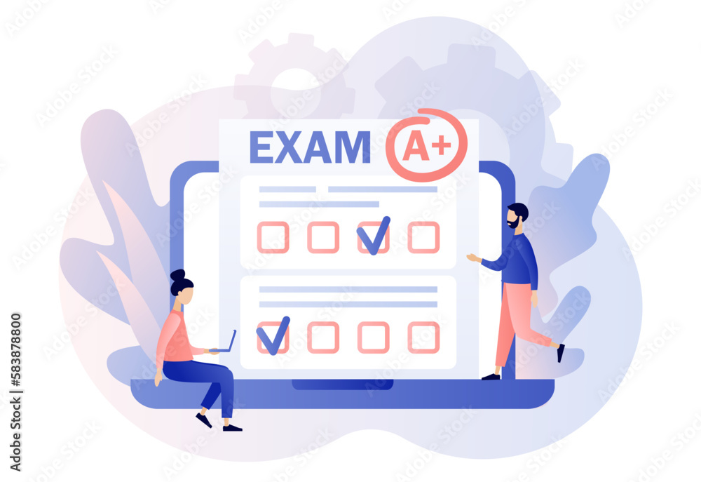 Online exam. Tiny students with test exam result on laptop. Education, studying, Digital elearnning, degree, graduate concept. Modern flat cartoon style. Vector illustration on white background Online exam. Tiny students with test exam result on laptop. Education, studying, Digital elearnning, degree, graduate concept. Modern flat cartoon style. Vector illustration on white background