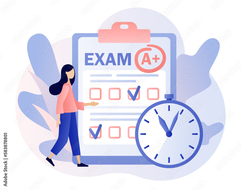 Exam concept. Tiny girl student with test exam result. Education, studying, Digital elearnning, degree, graduate concept. Modern flat cartoon style. Vector illustration on white background
Exam concept. Tiny girl student with test exam result. Education, studying, Digital elearnning, degree, graduate concept. Modern flat cartoon style. Vector illustration on white background