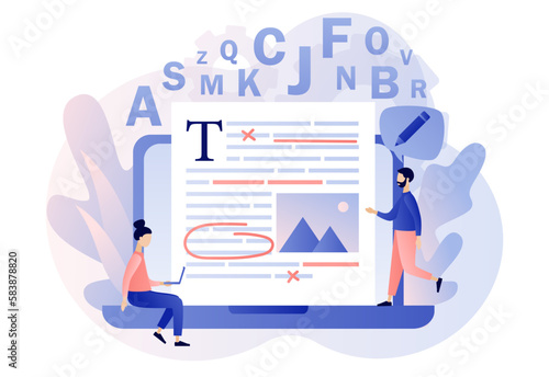 Editor and copywriting services online. Editing on laptop. Tiny people copywriters checking grammar and spelling document page. Modern flat cartoon style. Vector illustration on white background