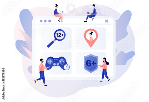 Parental control software. Blocked, prohibited or inappropriate content for kids. Age restrictions, limited game time, geolocation tracking. Safe internet. Modern flat cartoon style. Vector 