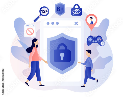 Parental control software. Blocked, prohibited or inappropriate content for kids. Access restrict. Safe internet. Modern flat cartoon style. Vector illustration on white background