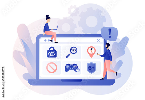 Parental control software. Blocked, prohibited or inappropriate content for kids. Safe internet. Age restriction, limited game time, geolocation tracking. Modern flat cartoon style Vector illustration