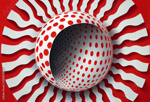 Visual illusion. A ball is moving on rotating mottled red white hole. Generative ai