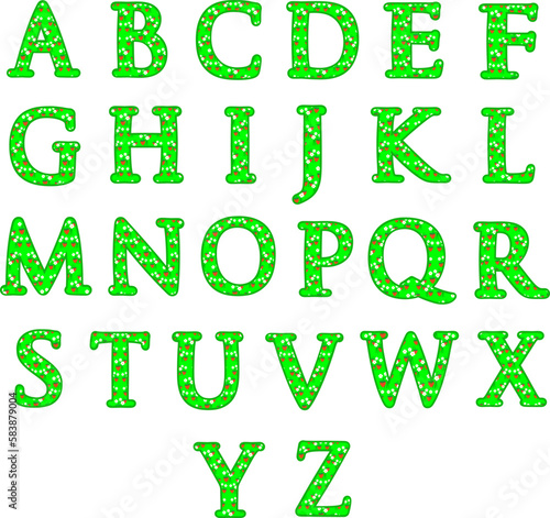 funny alphabet. abc for children. English. strawberry glade. bright isolated green letters with white flowers and red berries.