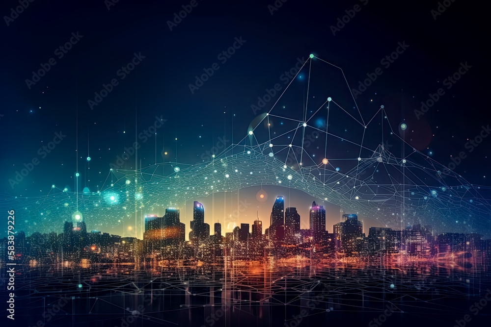 Smart city and dots point shooting up to the sky with gradient lines and Intricate wave line design, big data connection technology concept.