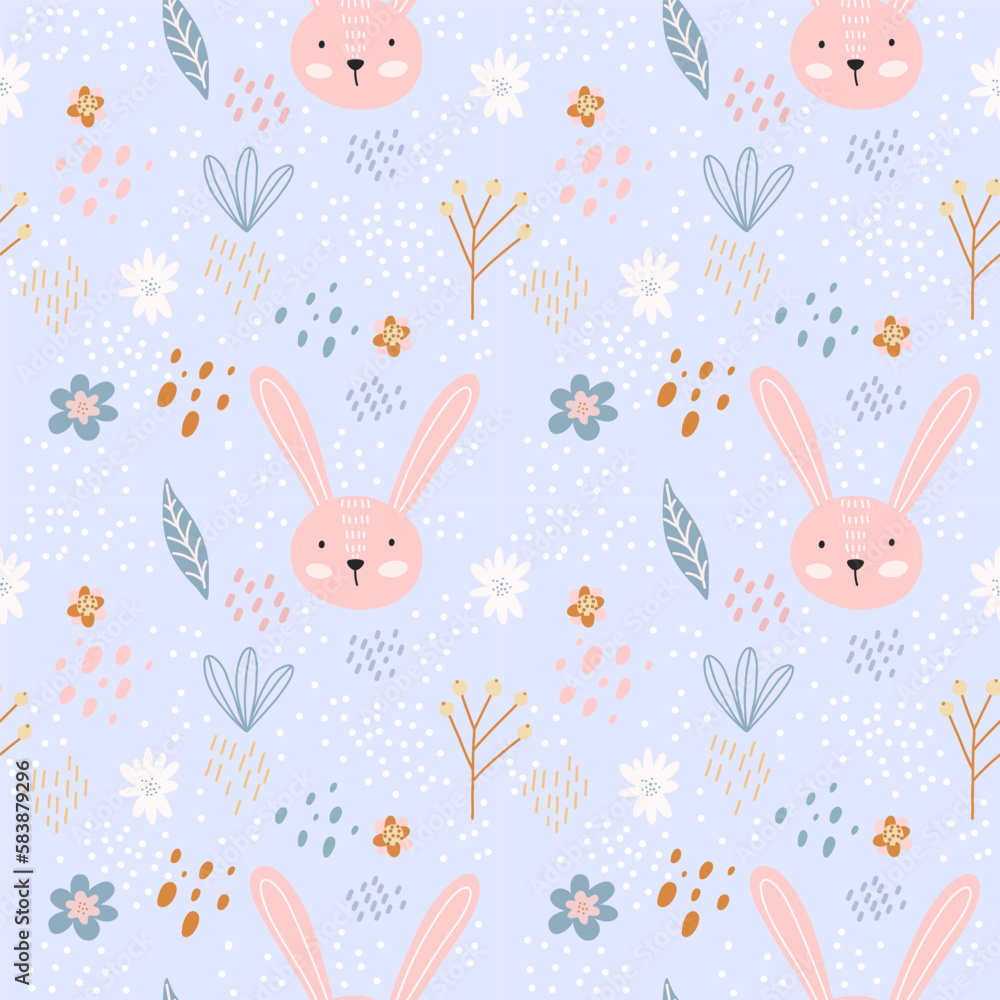 Vector hand-drawn color childrens seamless repeating pattern with cute bunny and flowers on a blue background. Creative kids forest texture for fabric, wrapping, textile, wallpaper, apparel.