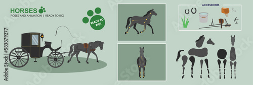 Black Horse ready to animate with multiple poses accessories. Horse drawn carriage, vintage coach, Vector file labeled ready to rig. Horse riding, horse jumping, horses playing. Horse saddled	
