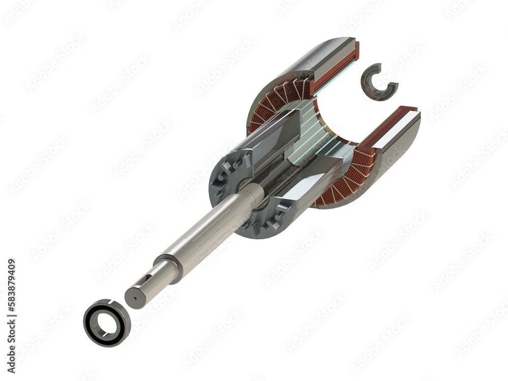 Obraz premium Stator and rotor exploded view presentation spare parts for electric motor, isolated on white background